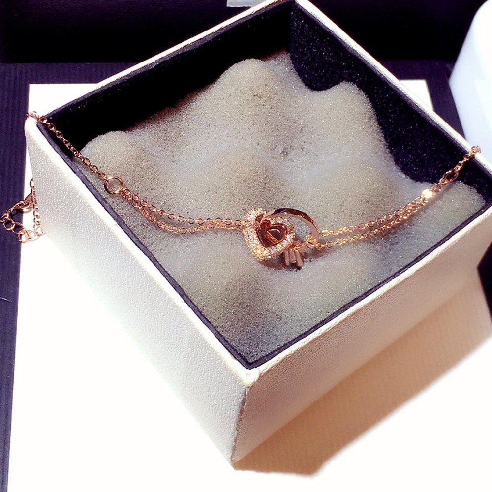 New Rose Gold Ring & Pave Heart Double Interlocking Bracelet - Picture 1 of 6